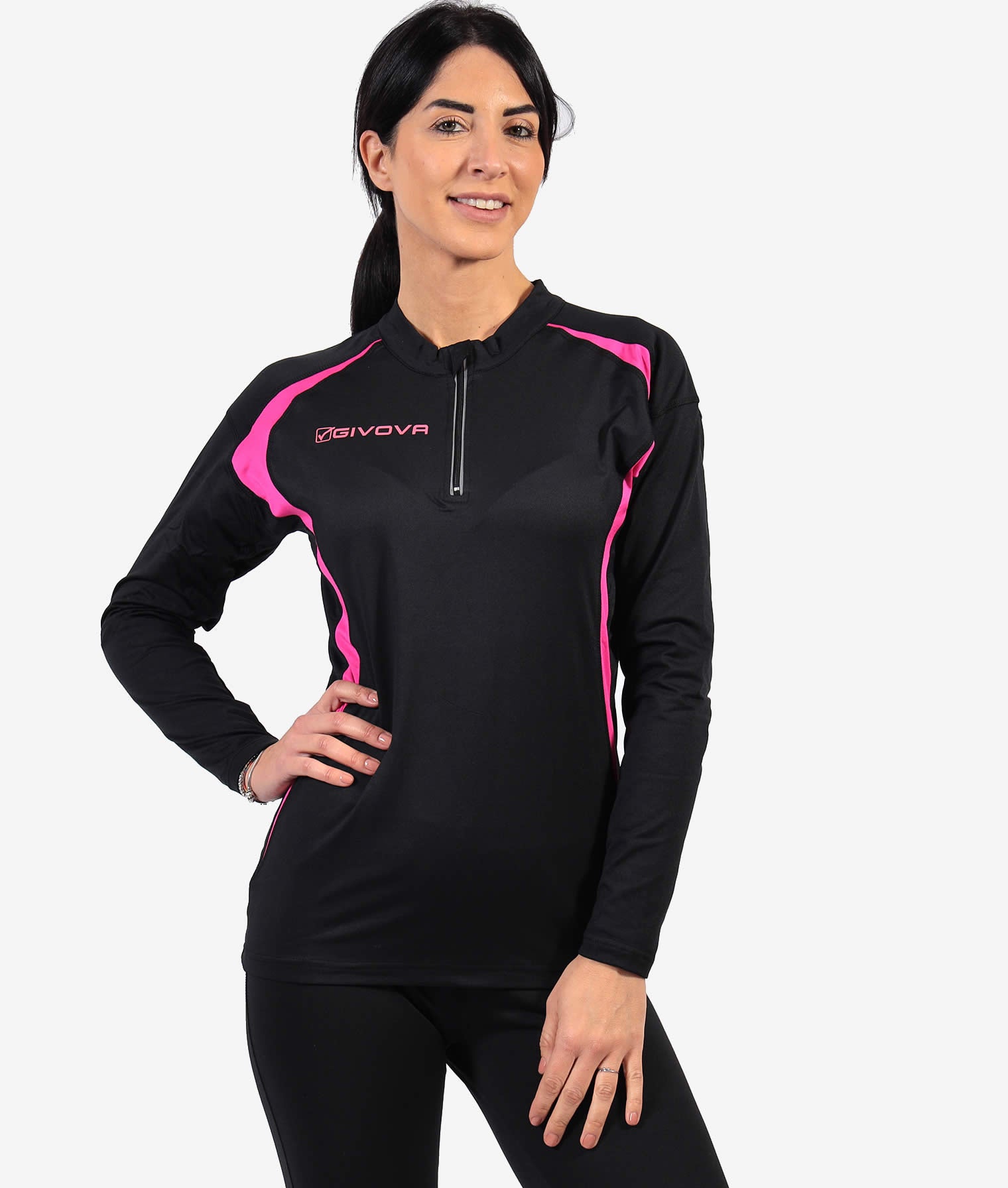 RUNNING LONG T-SHIRT GIVOVA NERO FUXIA Tessuto Tecnico Unisex Maglia Sportiva Maniche Lunghe T-Shirt Bicolore Con Zip Da Ginnastica GIOSAL