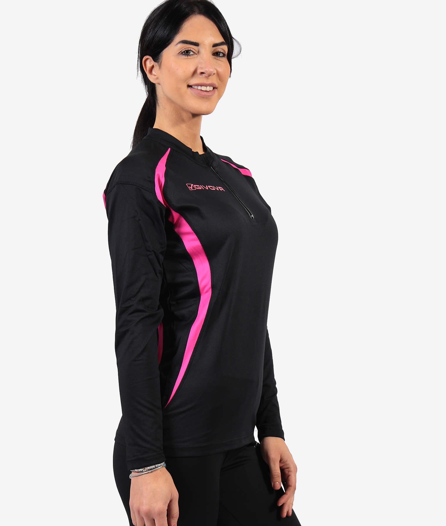 RUNNING LONG T-SHIRT GIVOVA NERO FUXIA Tessuto Tecnico Unisex Maglia Sportiva Maniche Lunghe T-Shirt Bicolore Con Zip Da Ginnastica GIOSAL