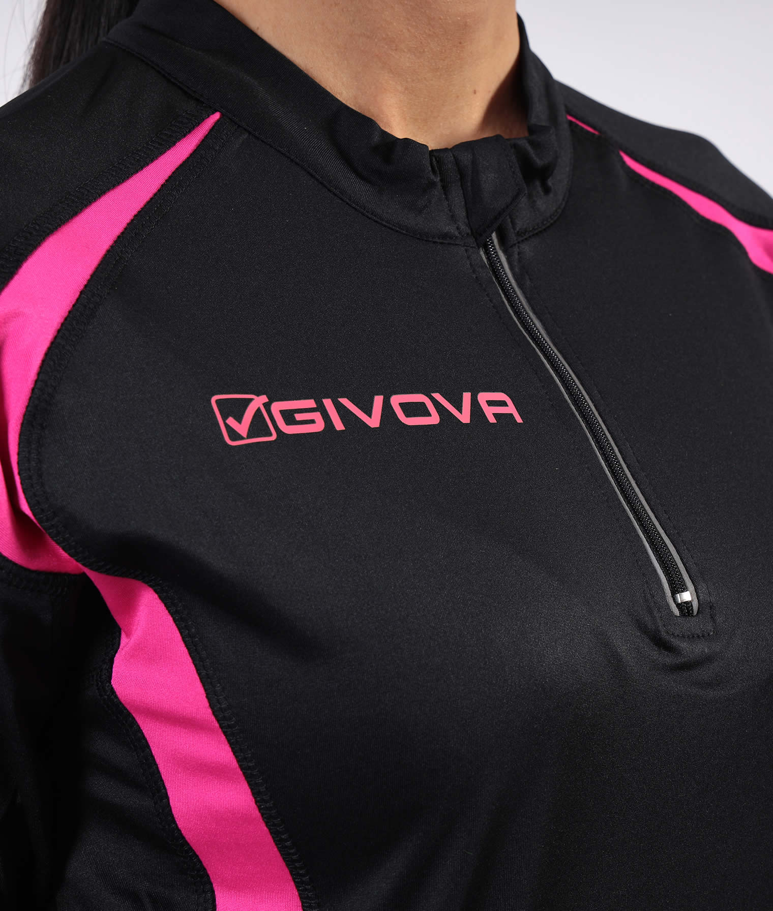 RUNNING LONG T-SHIRT GIVOVA NERO FUXIA Tessuto Tecnico Unisex Maglia Sportiva Maniche Lunghe T-Shirt Bicolore Con Zip Da Ginnastica GIOSAL
