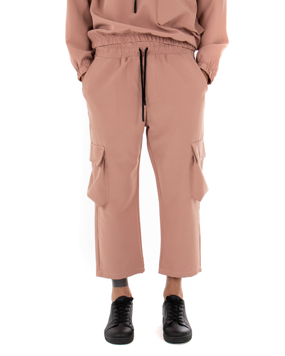 Completo Tuta Uomo Viscosa Rosa Relaxed Fit Felpa Con Cappuccio Pantaloni Cargo GIOSAL-OU1843A