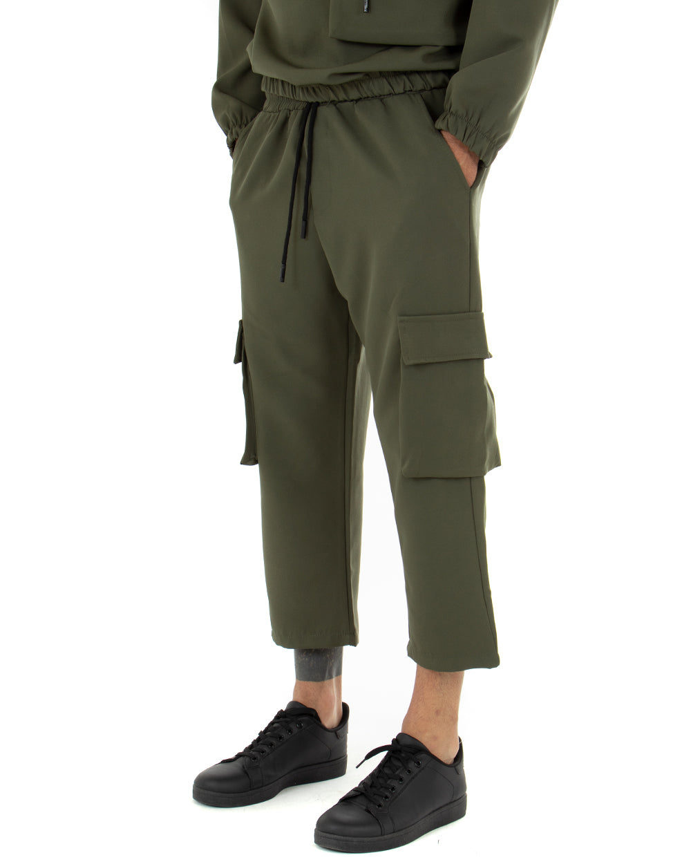 Completo Tuta Uomo Viscosa Verde Relaxed Fit Felpa Con Cappuccio Pantaloni Cargo GIOSAL-OU1844A