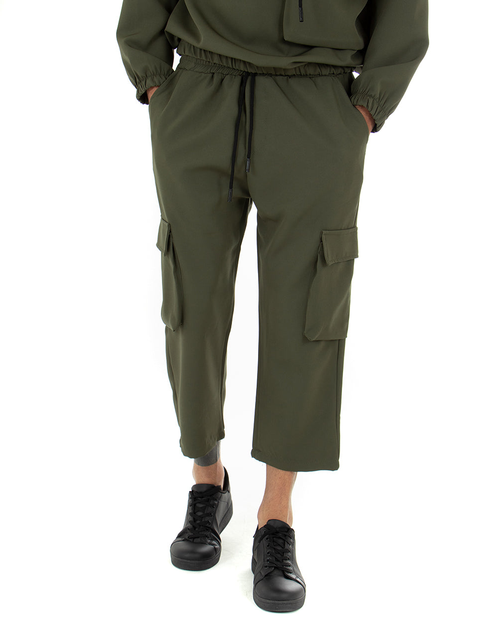 Completo Tuta Uomo Viscosa Verde Relaxed Fit Felpa Con Cappuccio Pantaloni Cargo GIOSAL-OU1844A