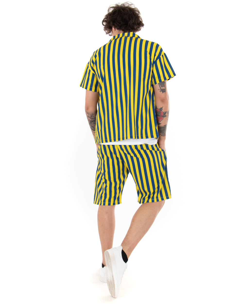 Completo Set Coordinato Uomo Viscosa Camicia Con Colletto Bermuda Outfit Rigato Gessato GIOSAL-OU2040A