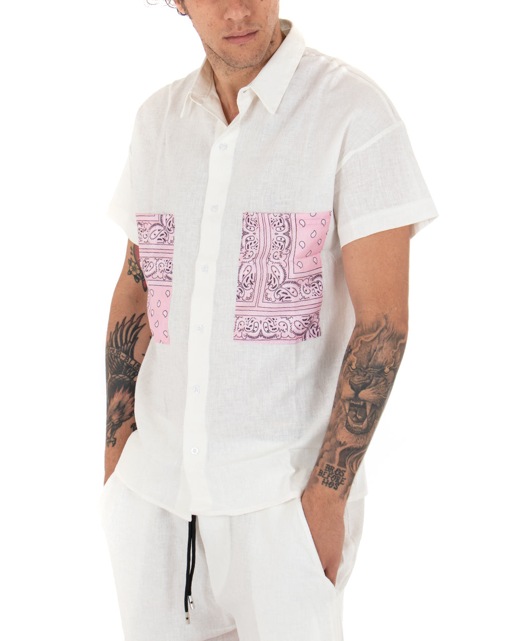 Completo Set Coordinato Uomo Lino Camicia Con Colletto Bermuda Outfit Bianco GIOSAL-OU2044A