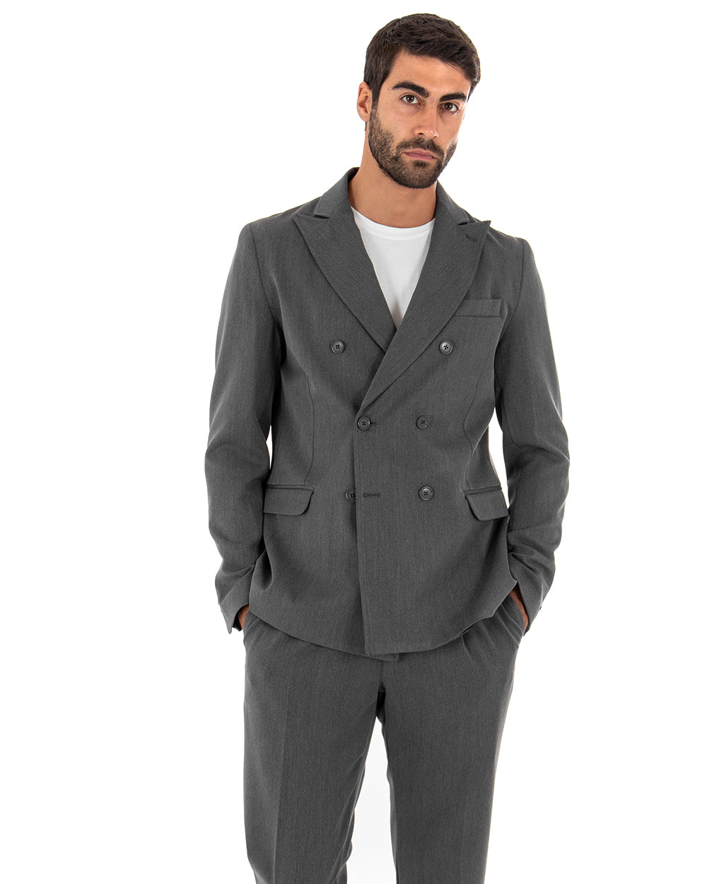 Abito Uomo Doppiopetto Completo Viscosa Grigio Sartoriale Giacca Pantaloni Elegante Casual GIOSAL-OU2086A