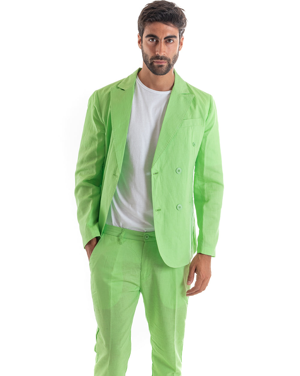 Abito Uomo Doppiopetto Vestito Lino Completo Giacca Pantaloni Tinta Unita Verde Acido Elegante Sartoriale Cerimonia GIOSAL-OU2133A