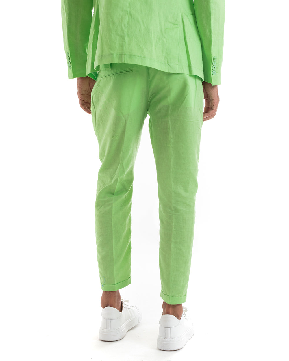 Abito Uomo Doppiopetto Vestito Lino Completo Giacca Pantaloni Tinta Unita Verde Acido Elegante Sartoriale Cerimonia GIOSAL-OU2133A