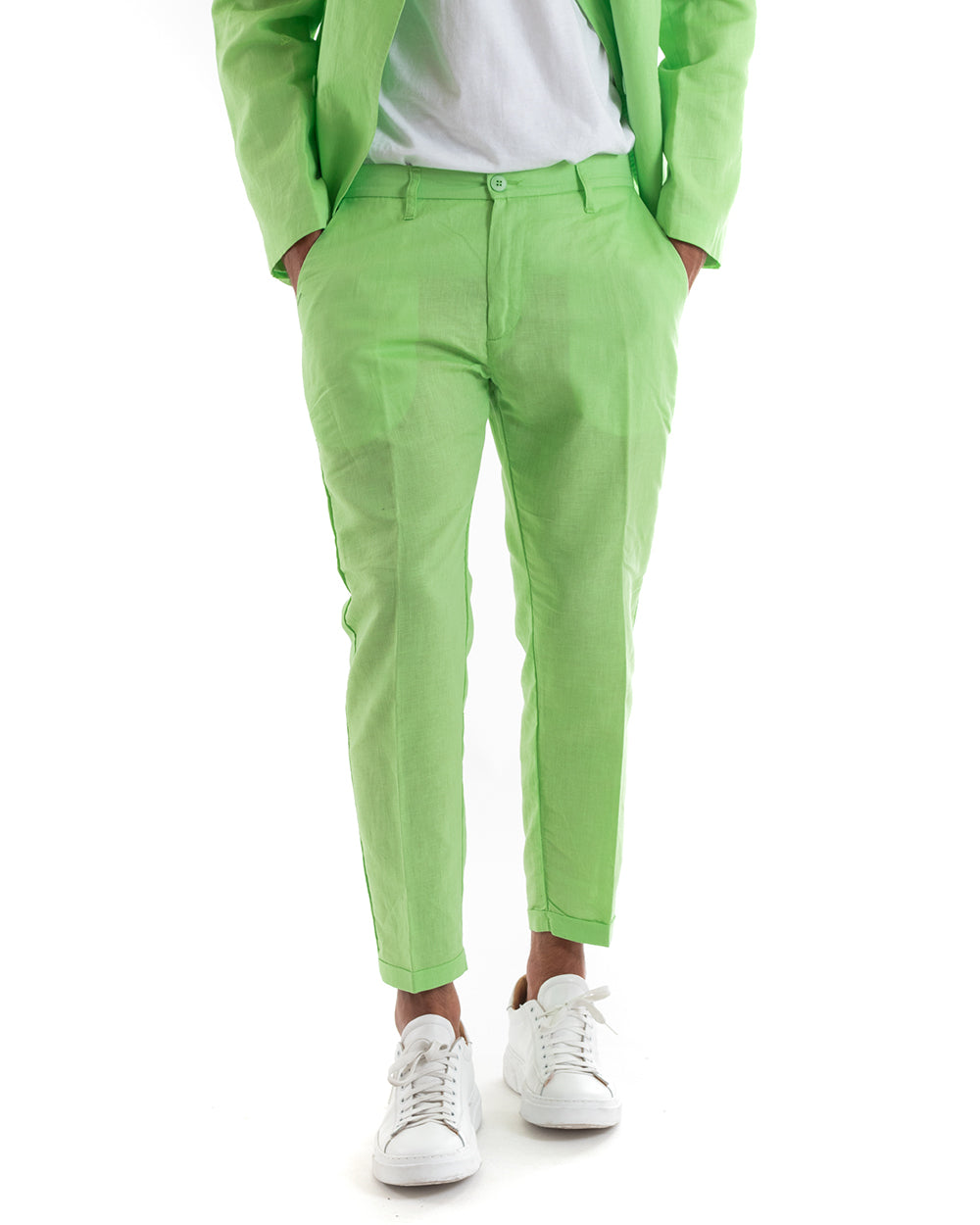 Abito Uomo Doppiopetto Vestito Lino Completo Giacca Pantaloni Tinta Unita Verde Acido Elegante Sartoriale Cerimonia GIOSAL-OU2133A