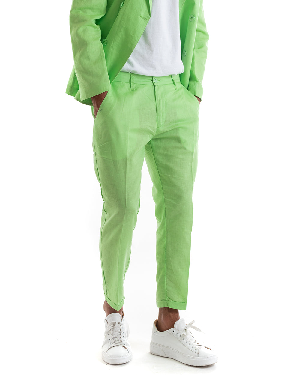 Abito Uomo Doppiopetto Vestito Lino Completo Giacca Pantaloni Verde Pisello Elegante Cerimonia GIOSAL-OU2133A