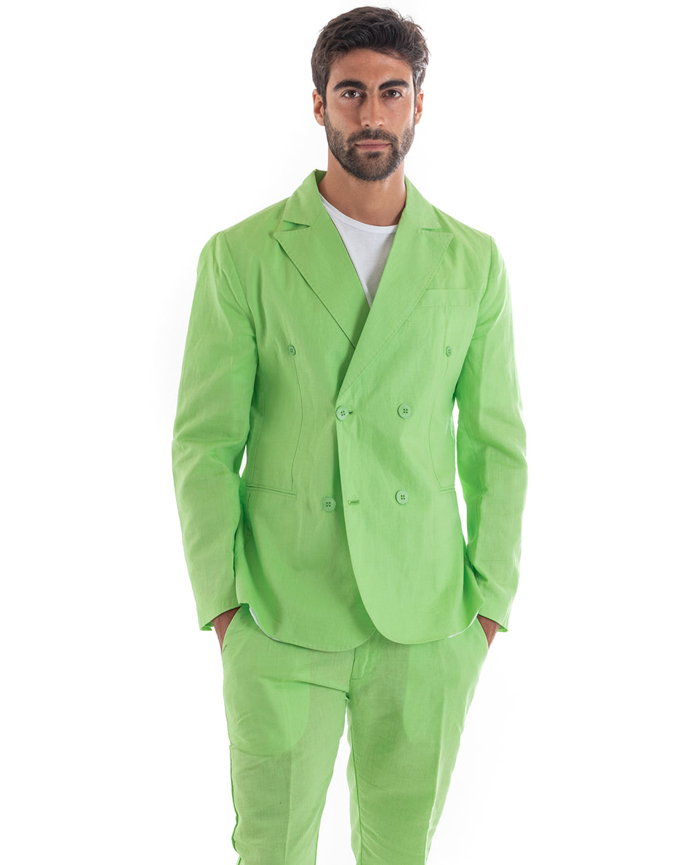 Abito Uomo Doppiopetto Vestito Lino Completo Giacca Pantaloni Tinta Unita Verde Acido Elegante Sartoriale Cerimonia GIOSAL-OU2133A