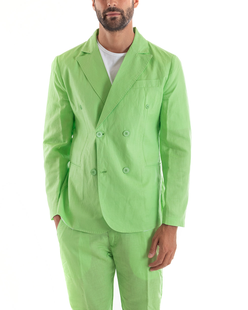 Abito Uomo Doppiopetto Vestito Lino Completo Giacca Pantaloni Verde Pisello Elegante Cerimonia GIOSAL-OU2133A