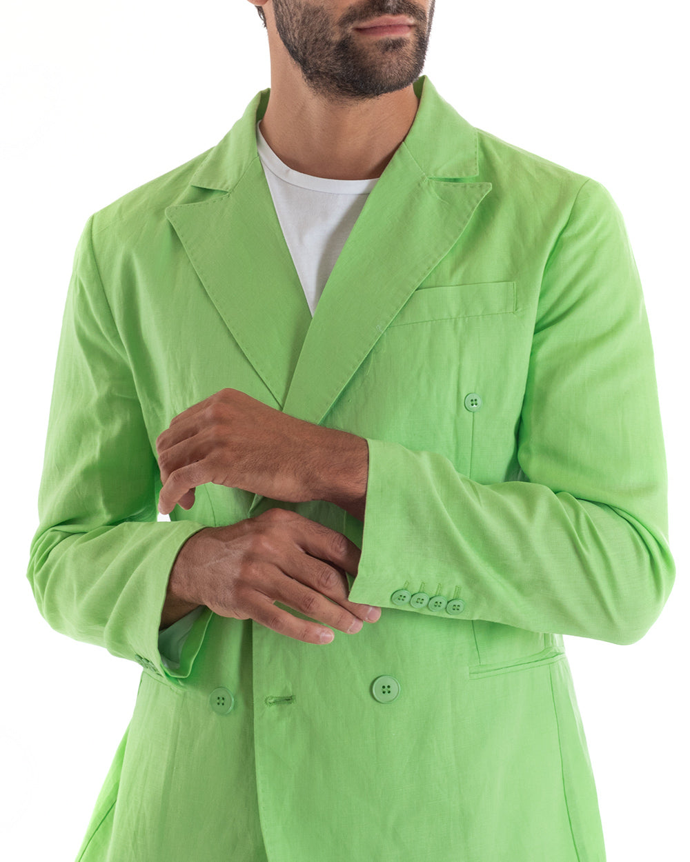 Abito Uomo Doppiopetto Vestito Lino Completo Giacca Pantaloni Tinta Unita Verde Acido Elegante Sartoriale Cerimonia GIOSAL-OU2133A
