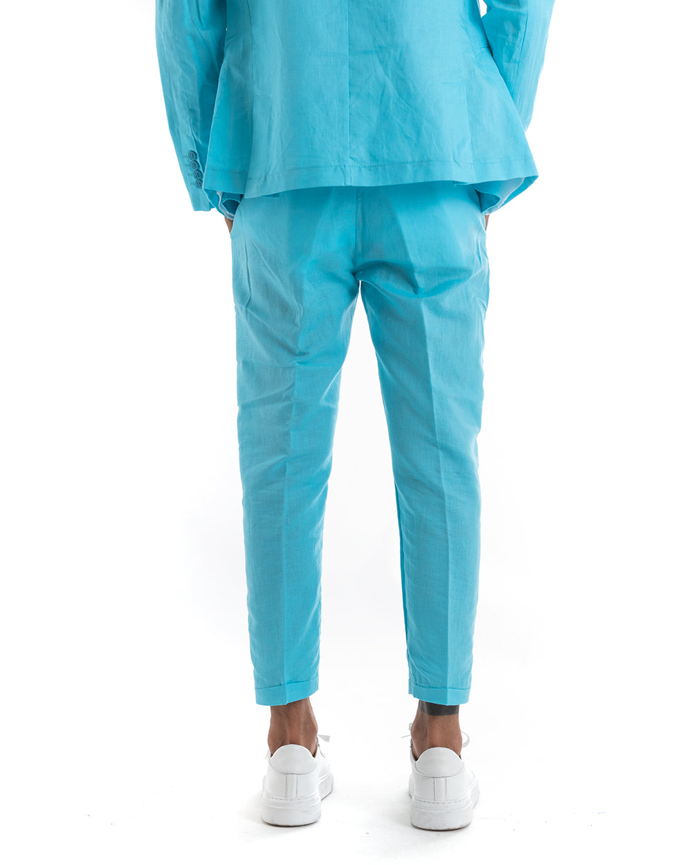 Abito Uomo Doppiopetto Vestito Lino Completo Giacca Pantaloni Tinta Unita Turchese Elegante Sartoriale Cerimonia GIOSAL-OU2134A