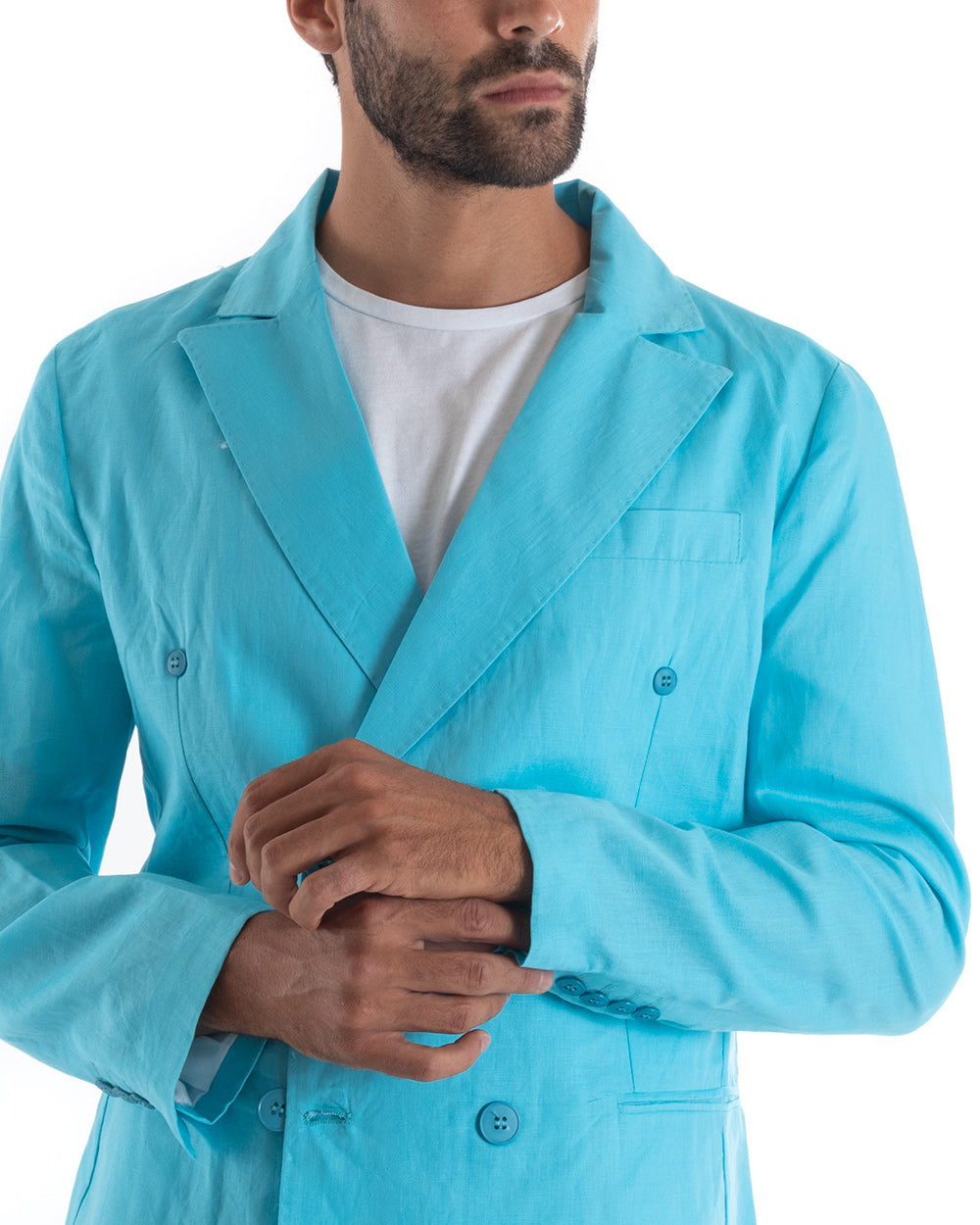 Abito Uomo Doppiopetto Vestito Lino Completo Giacca Pantaloni Tinta Unita Turchese Elegante Sartoriale Cerimonia GIOSAL-OU2134A