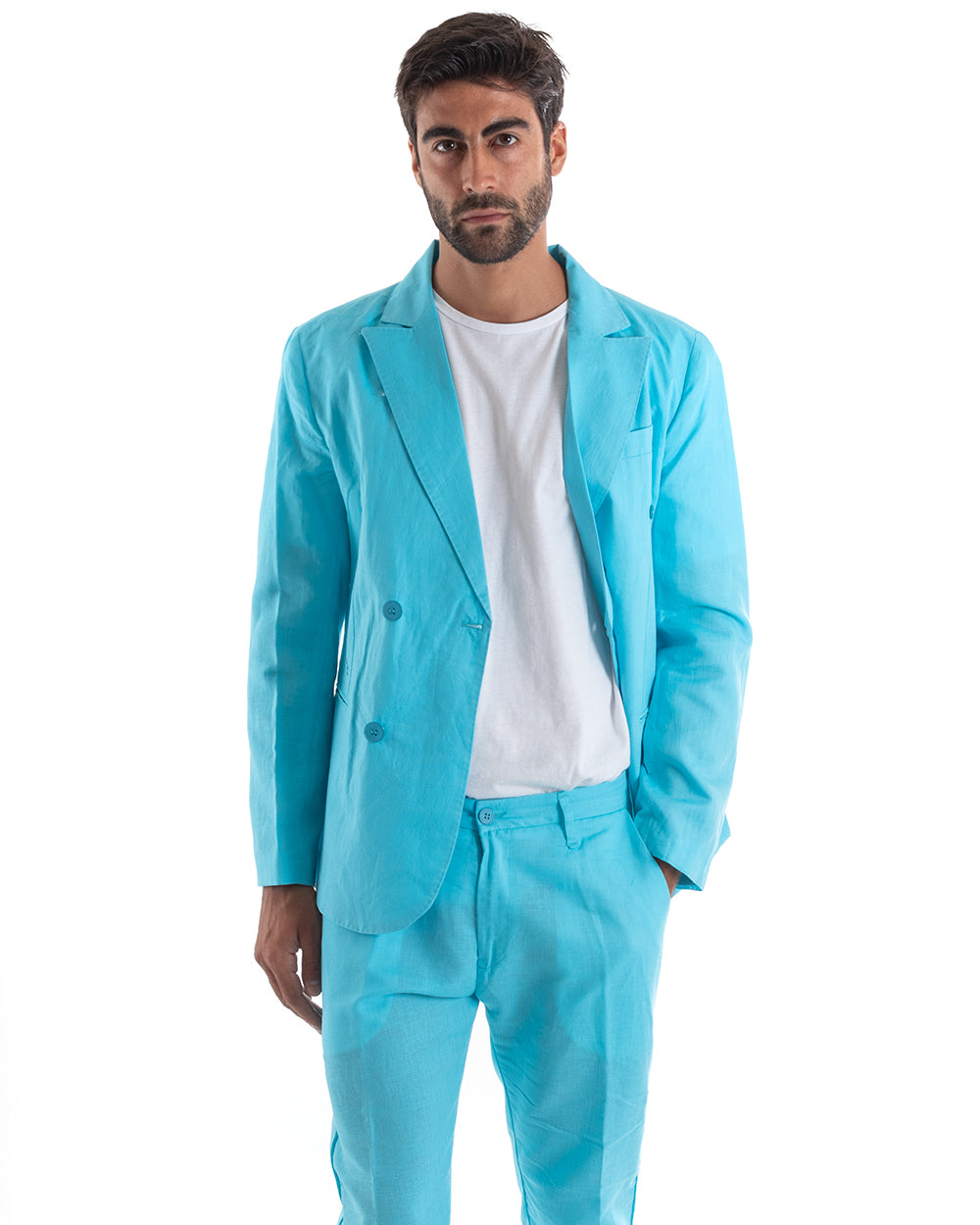 Abito Uomo Doppiopetto Vestito Lino Completo Giacca Pantaloni Tinta Unita Turchese Elegante Sartoriale Cerimonia GIOSAL-OU2134A