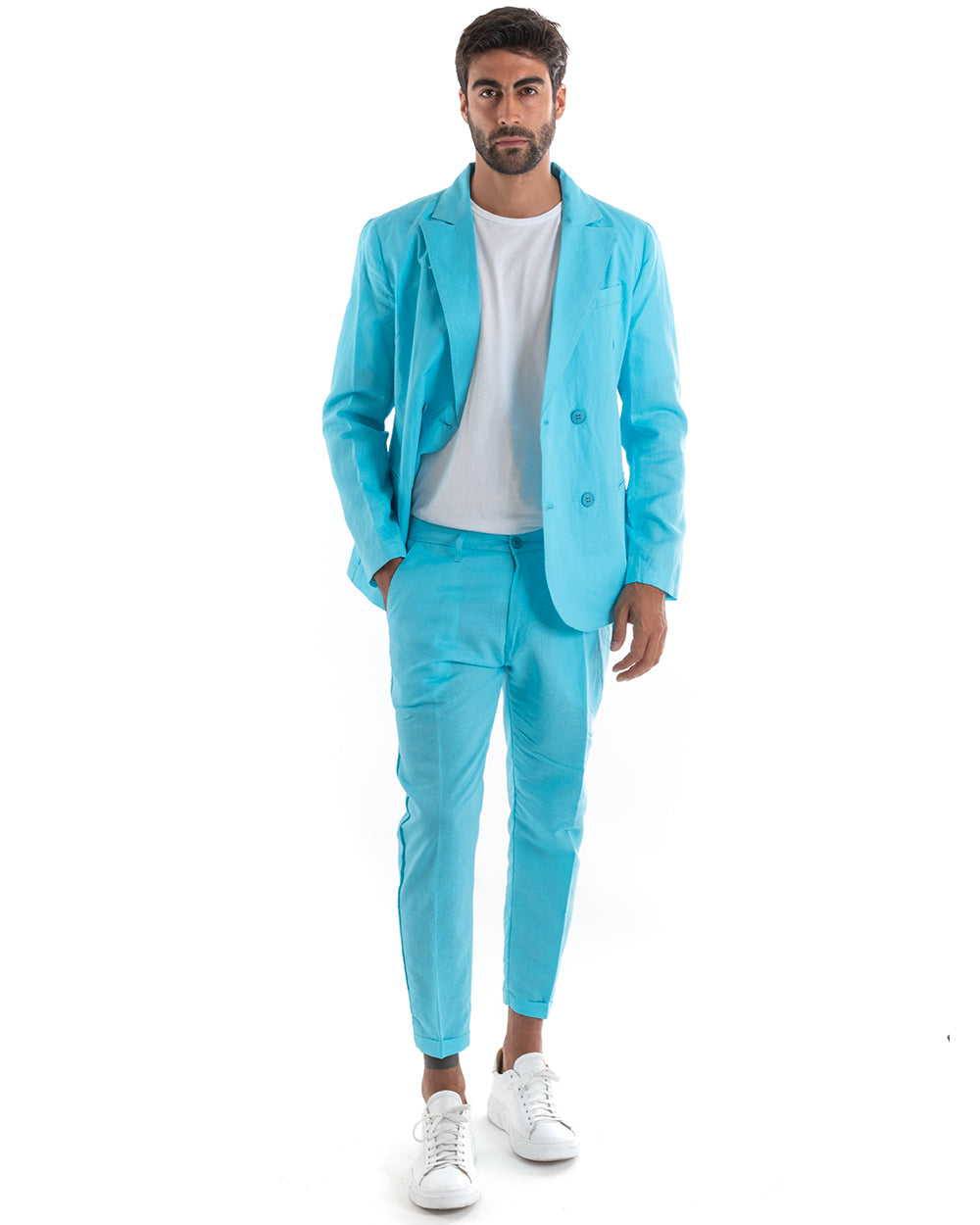 Abito Uomo Doppiopetto Vestito Lino Completo Giacca Pantaloni Tinta Unita Turchese Elegante Sartoriale Cerimonia GIOSAL-OU2134A
