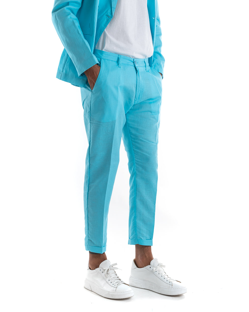 Abito Uomo Doppiopetto Vestito Lino Completo Giacca Pantaloni Tinta Unita Turchese Elegante Sartoriale Cerimonia GIOSAL-OU2134A