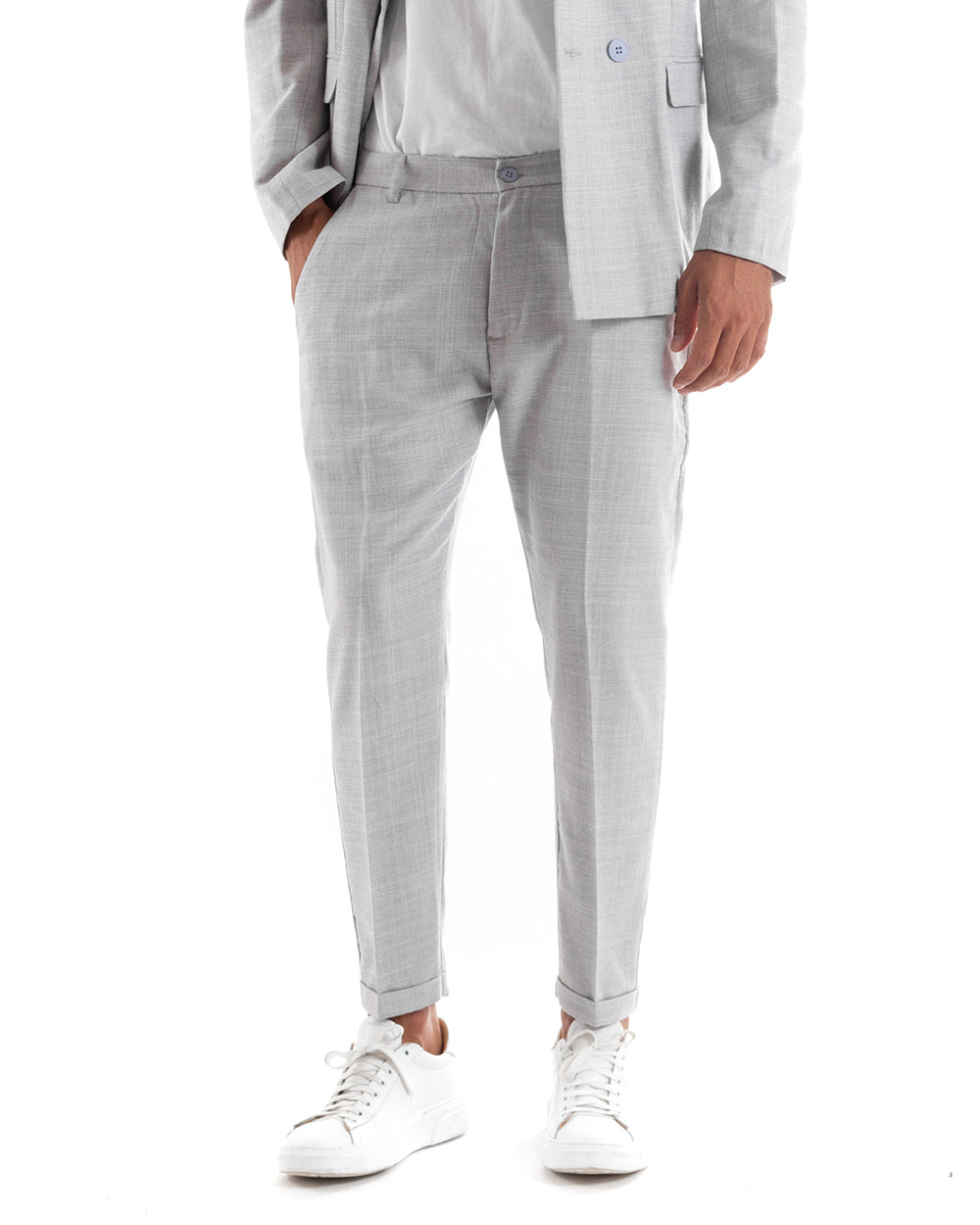 Abito Uomo Doppiopetto Completo Viscosa Sartoriale Giacca Pantaloni Grigio Chiaro Melangiato Elegante Casual GIOSAL-OU2138A