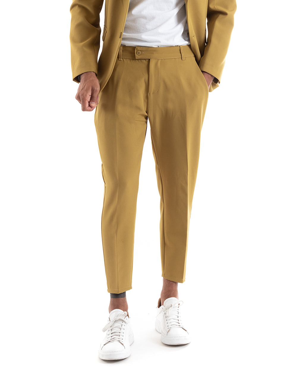 Abito Uomo Monopetto Vestito Viscosa Completo Giacca Pantaloni Senape Elegante Cerimonia GIOSAL-OU2147A