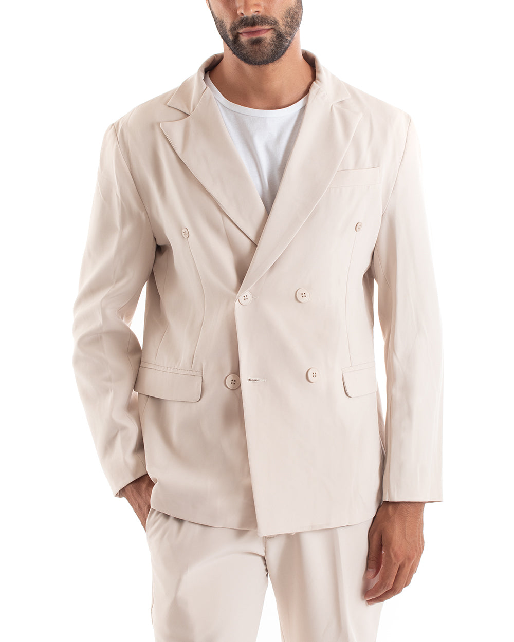 Abito Uomo Doppiopetto Vestito Viscosa Completo Giacca Pantaloni Beige Sportivo Elegante Cerimonia GIOSAL-OU2159A