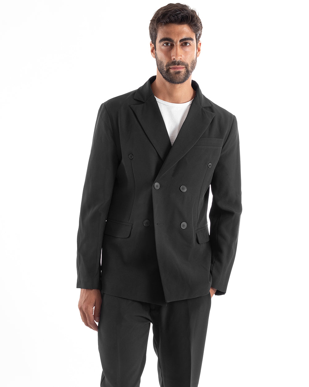 Abito Uomo Doppiopetto Vestito Viscosa Completo Giacca Pantaloni Nero Elegante Cerimonia GIOSAL-OU2162A