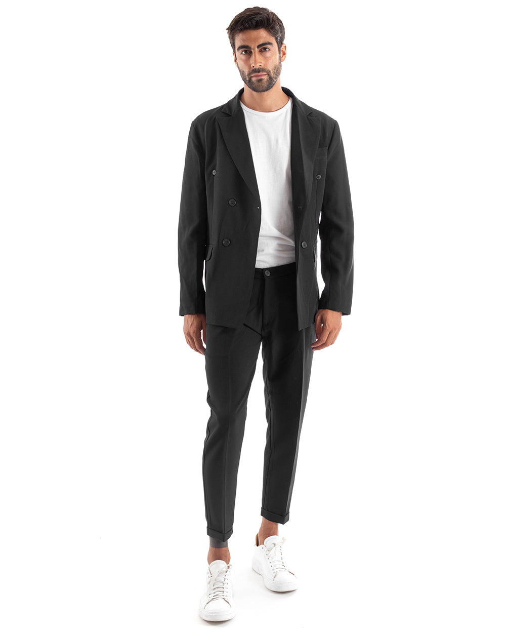 Abito Uomo Doppiopetto Vestito Viscosa Completo Giacca Pantaloni Nero Elegante Cerimonia GIOSAL-OU2162A