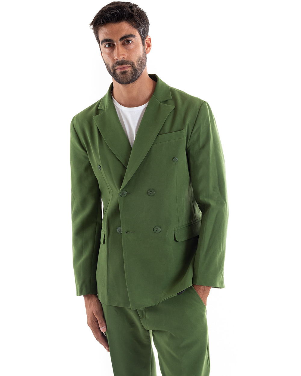 Abito Uomo Doppiopetto Vestito Viscosa Completo Giacca Pantaloni Verde Elegante Cerimonia GIOSAL-OU2166A