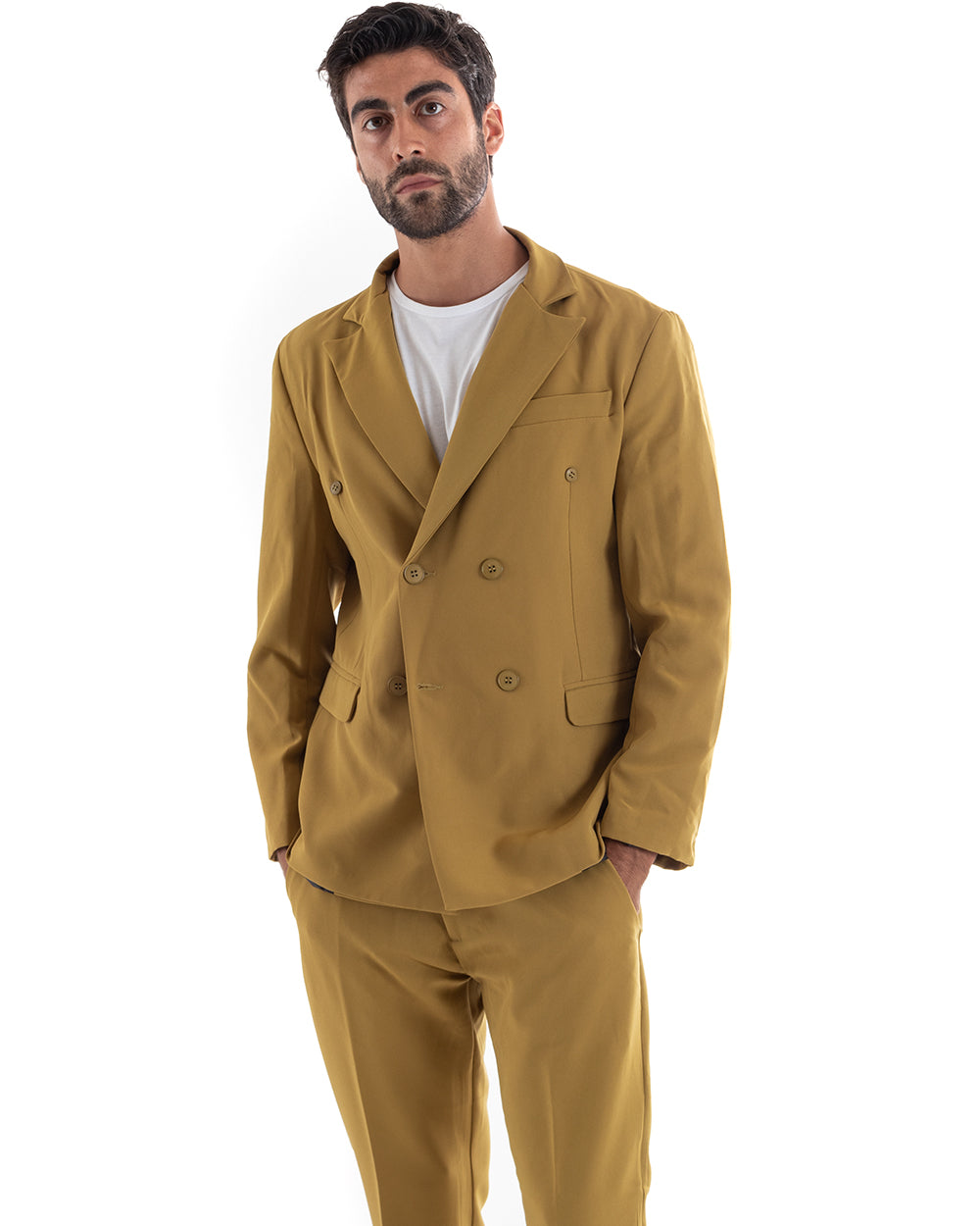 Abito Uomo Doppiopetto Vestito Viscosa Completo Giacca Pantaloni Senape Elegante Cerimonia GIOSAL-OU2168A