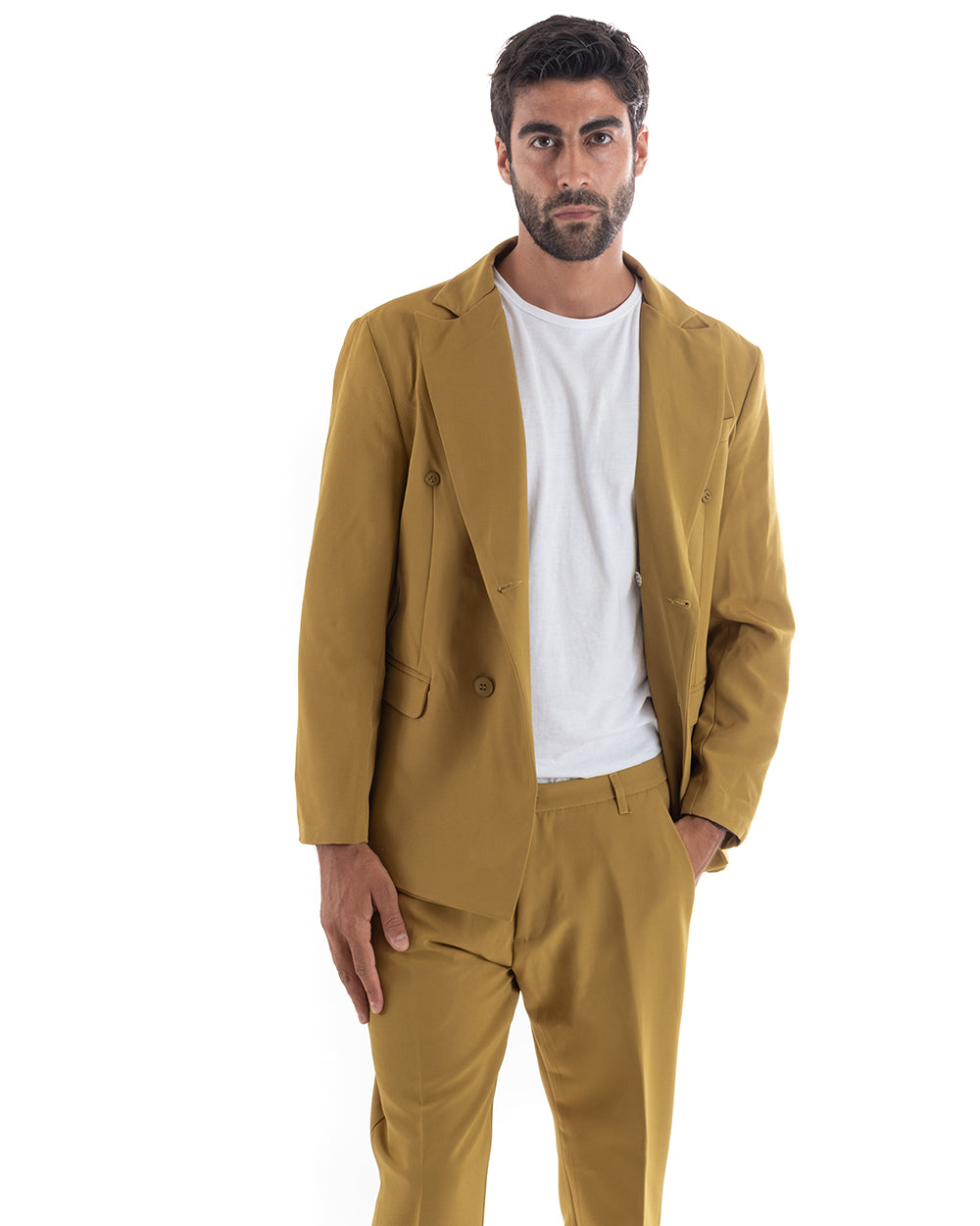 Abito Uomo Doppiopetto Vestito Viscosa Completo Giacca Pantaloni Senape Elegante Cerimonia GIOSAL-OU2168A