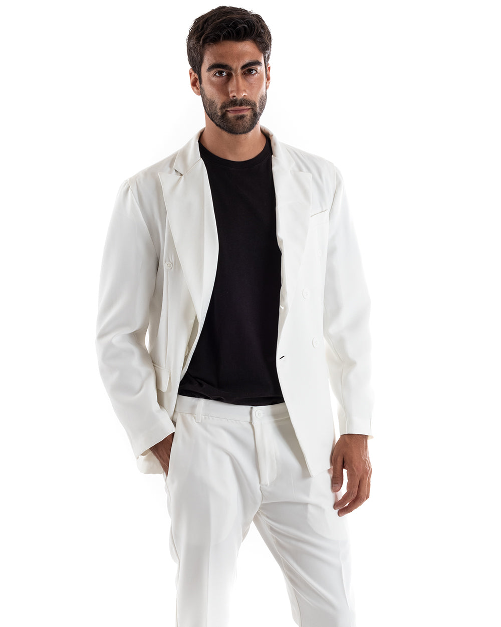 Abito Uomo Doppiopetto Vestito Viscosa Completo Giacca Pantaloni Bianco Sportivo Elegante Cerimonia GIOSAL-OU2171A