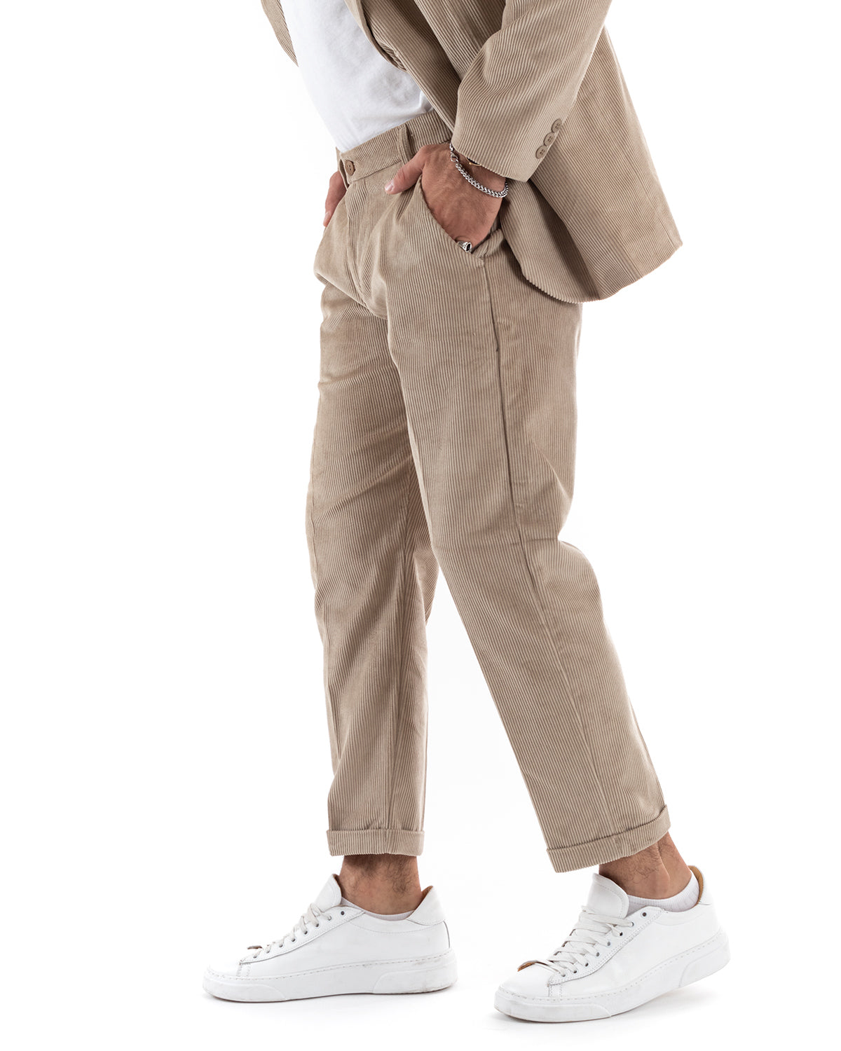 Abito Uomo Monopetto Vestito Velluto Completo Giacca Pantaloni Beige Elegante Cerimonia GIOSAL-OU2186A