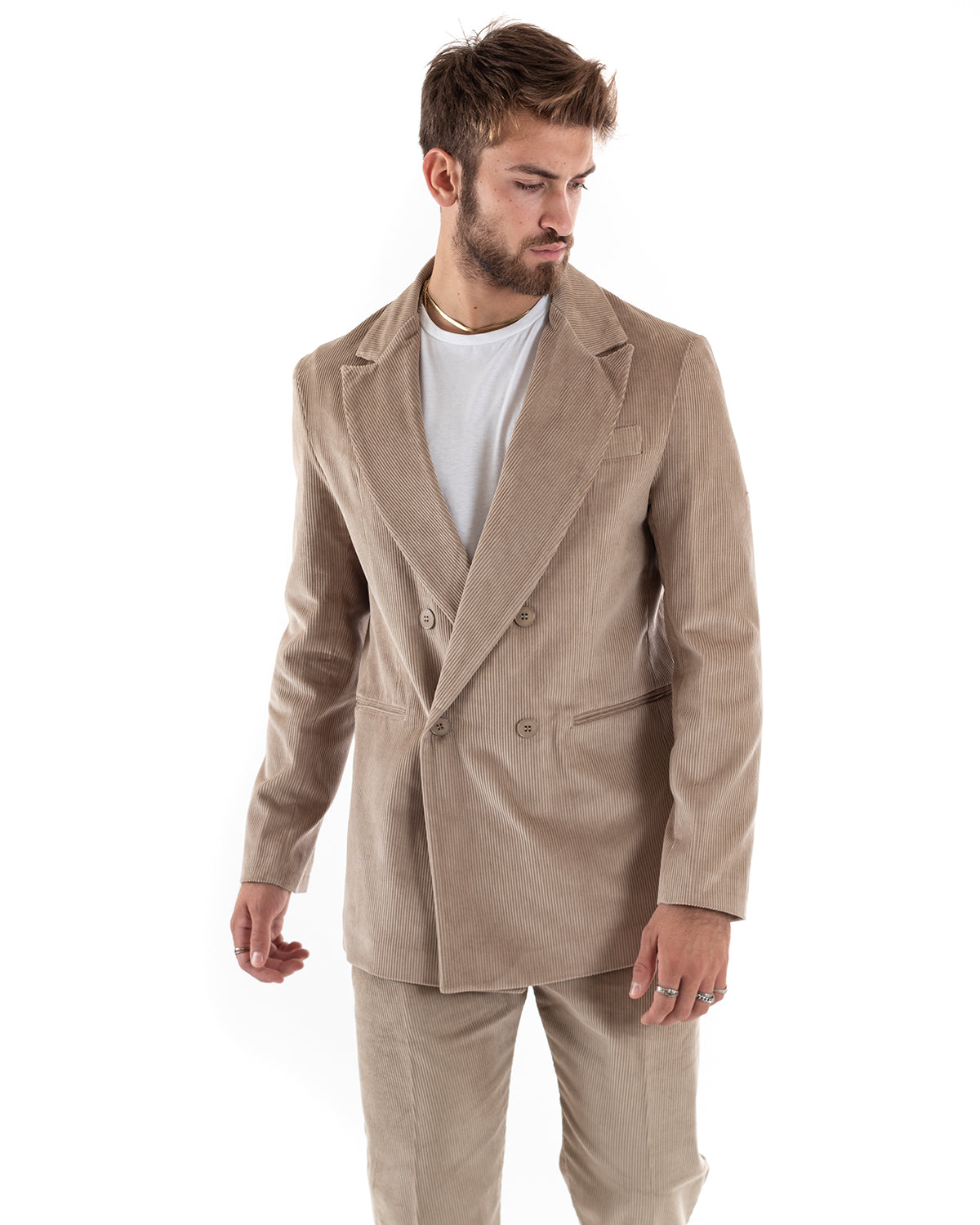 Abito Uomo Doppiopetto Vestito Velluto Completo Giacca Pantaloni Beige Elegante Cerimonia GIOSAL-OU2191A