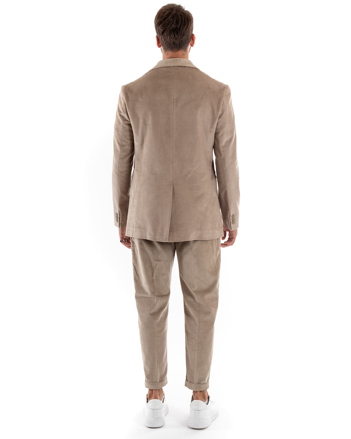 Abito Uomo Doppiopetto Vestito Velluto Completo Giacca Pantaloni Beige Elegante Cerimonia GIOSAL-OU2191A