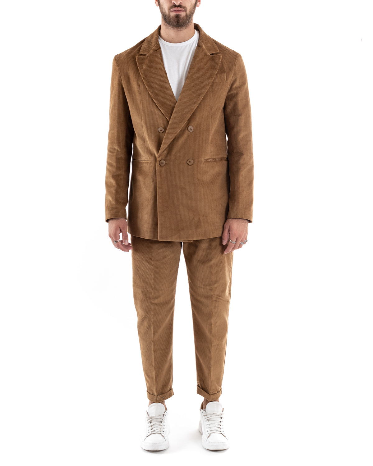 Abito Uomo Doppiopetto Vestito Velluto Completo Giacca Pantaloni Camel Elegante Cerimonia GIOSAL-OU2193A