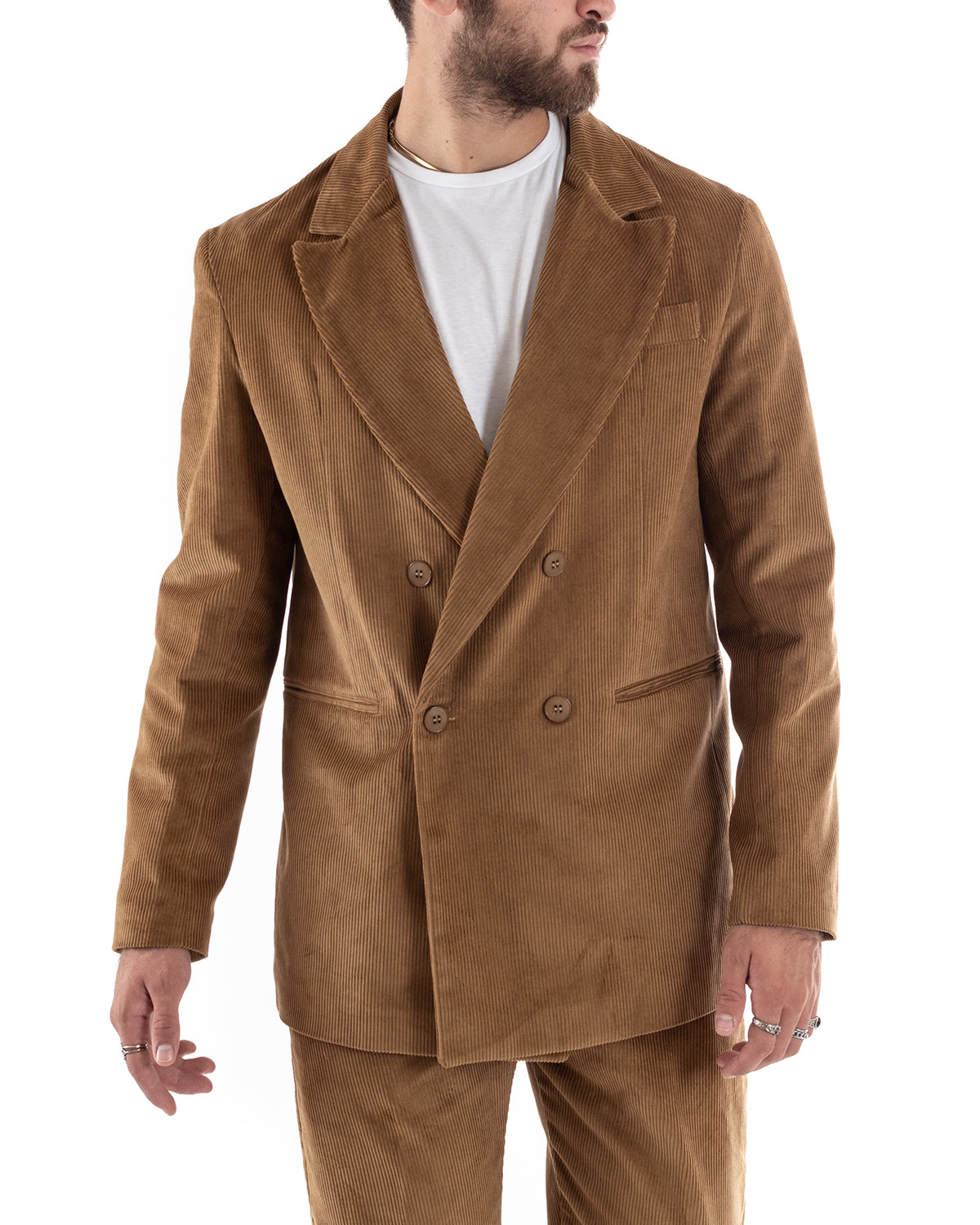 Abito Uomo Doppiopetto Vestito Velluto Completo Giacca Pantaloni Camel Elegante Cerimonia GIOSAL-OU2193A