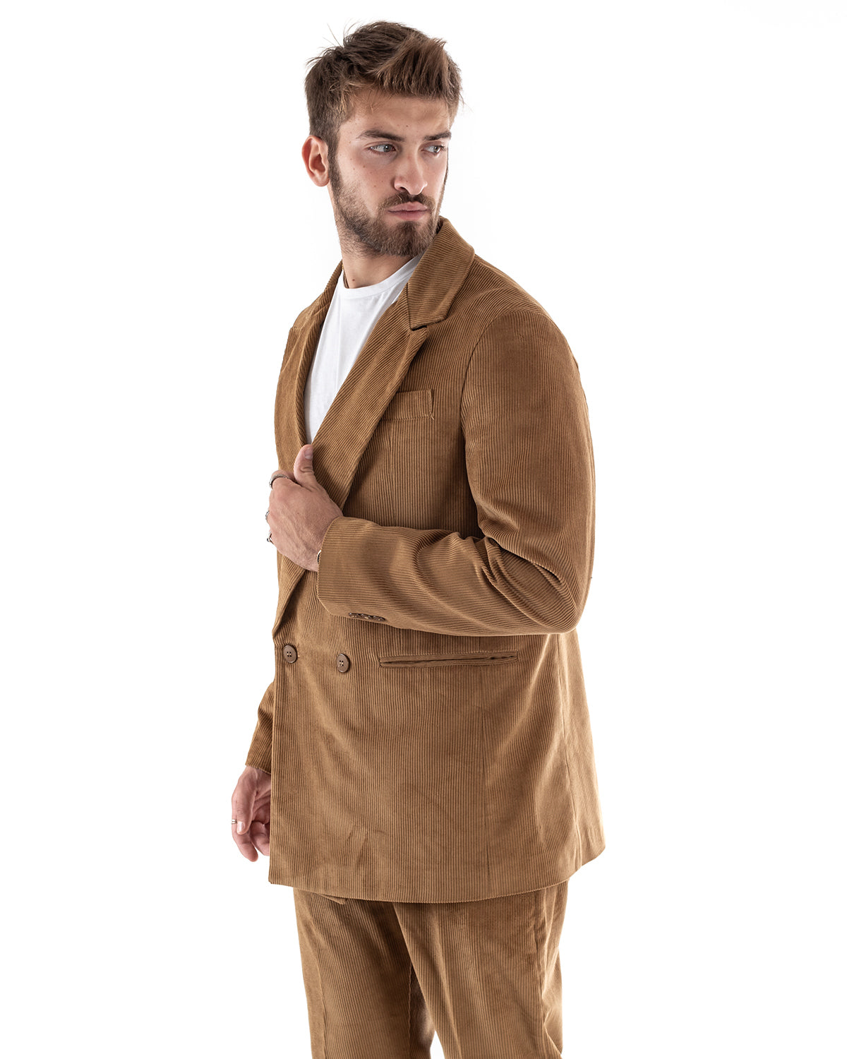 Abito Uomo Doppiopetto Vestito Velluto Completo Giacca Pantaloni Camel Elegante Cerimonia GIOSAL-OU2193A