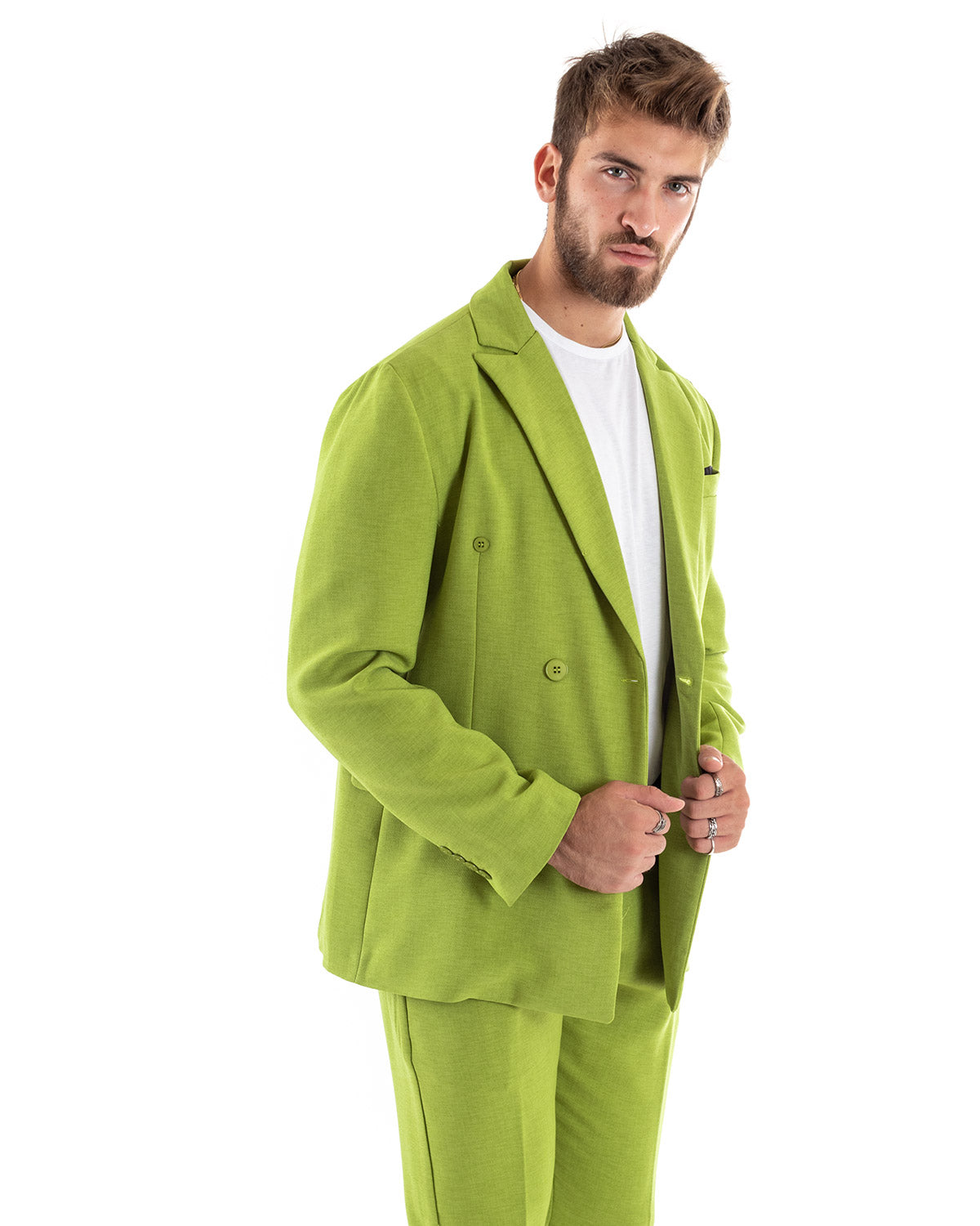 Abito Uomo Doppiopetto Vestito Viscosa Completo Giacca Pantaloni Verde Acido Melangiato Elegante Cerimonia GIOSAL-OU2198A