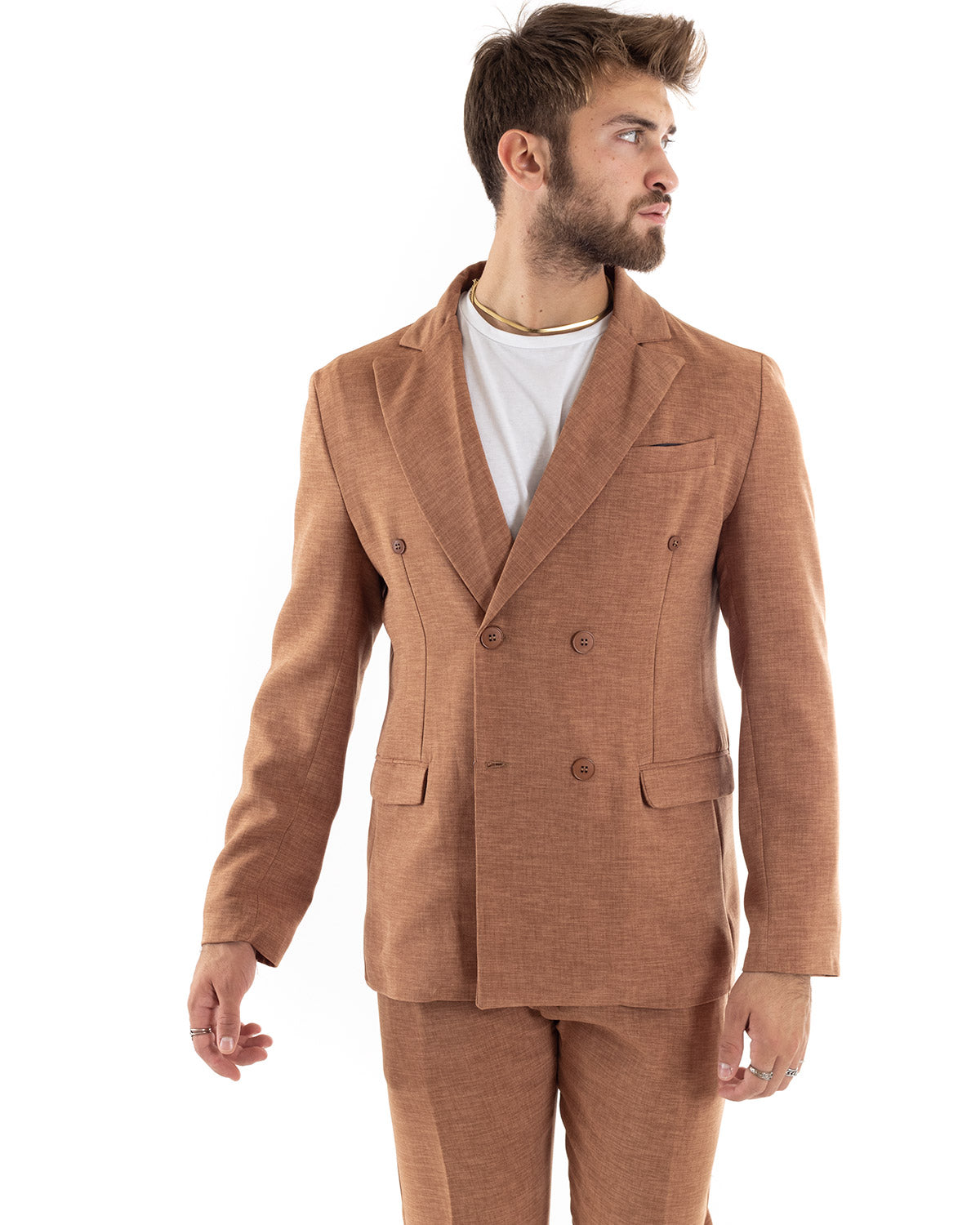 Abito Uomo Doppiopetto Vestito Viscosa Completo Giacca Pantaloni Camel Melangiato Elegante Cerimonia GIOSAL-OU2199A