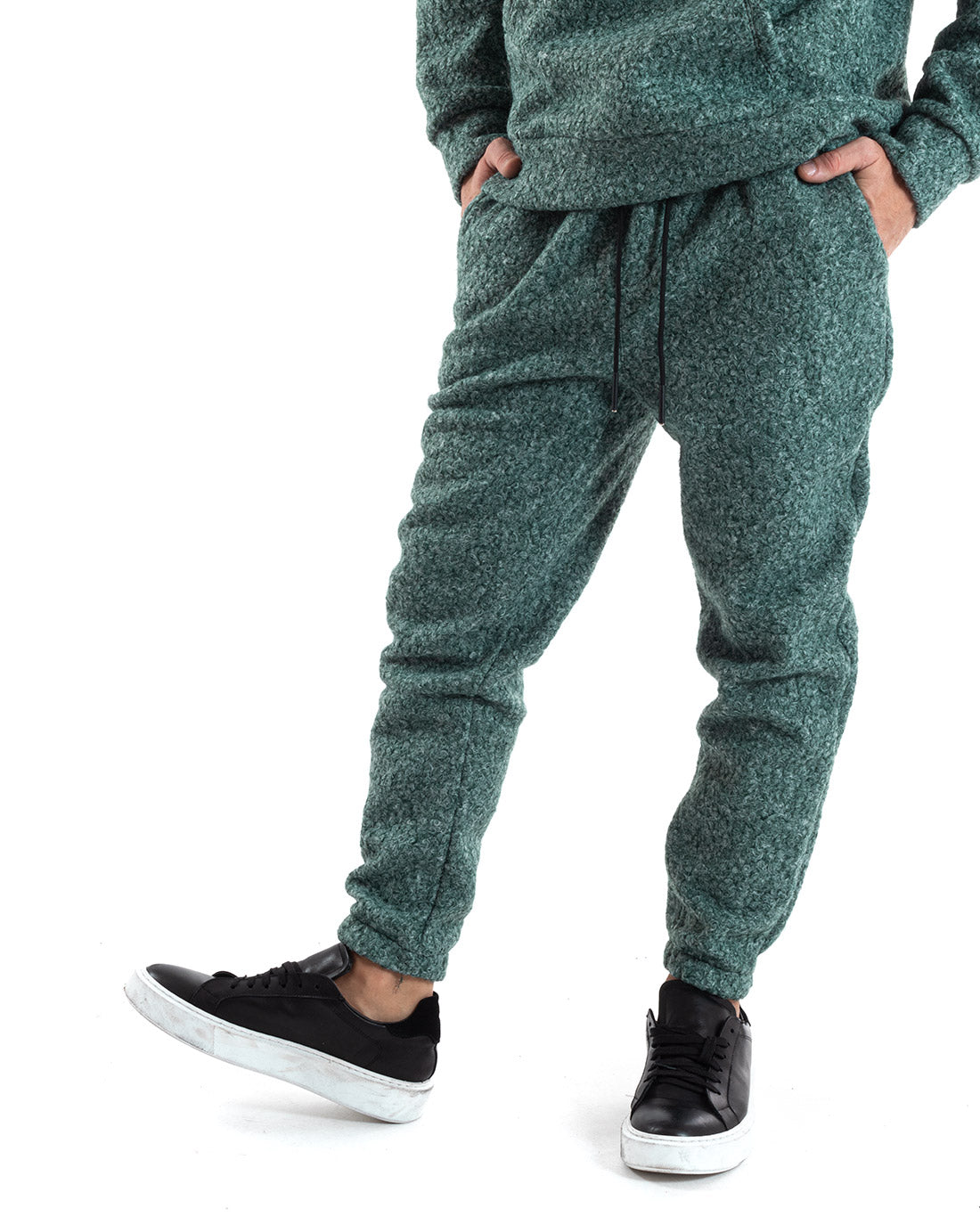 Completo Tuta Uomo Verde Relaxed Fit Teddy Pelliccia Felpa Con Cappuccio Pantaloni GIOSAL-OU2226A