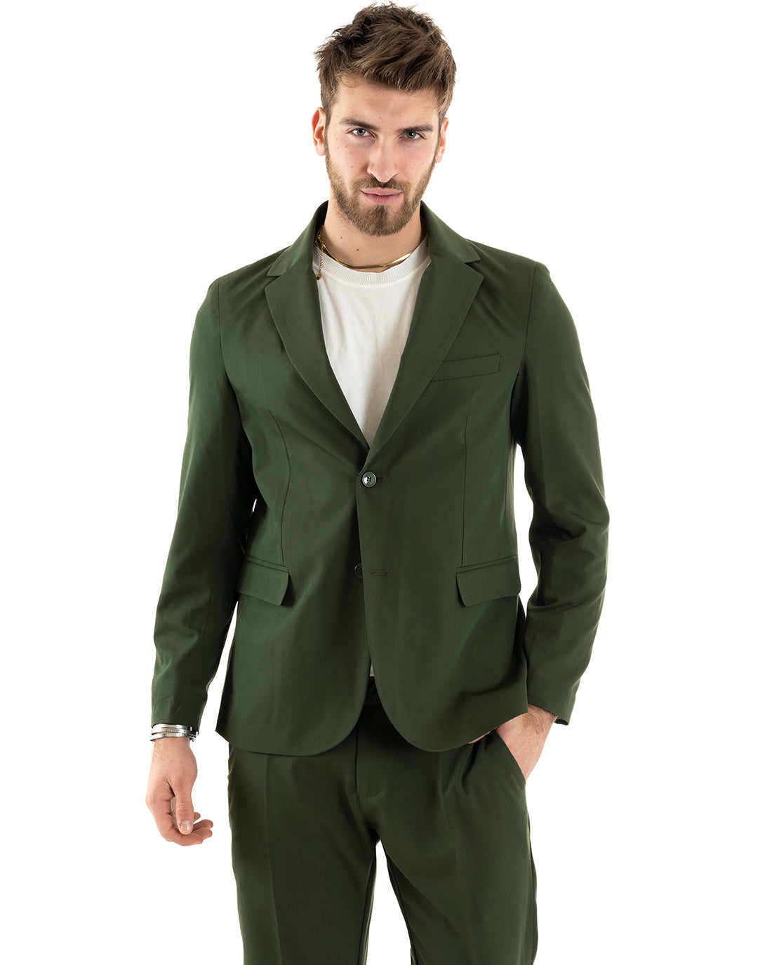 Abito Uomo Monopetto Completo Viscosa Sartoriale Giacca Pantaloni Verde Elegante Casual GIOSAL-OU2237A