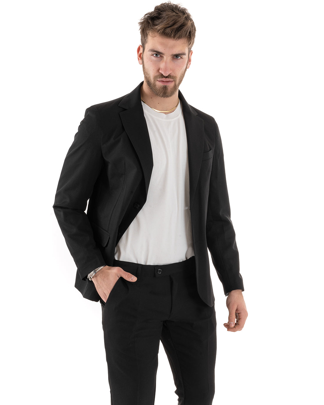 Abito Uomo Monopetto Completo Viscosa Sartoriale Giacca Pantaloni Nero Elegante Casual GIOSAL-OU2238A