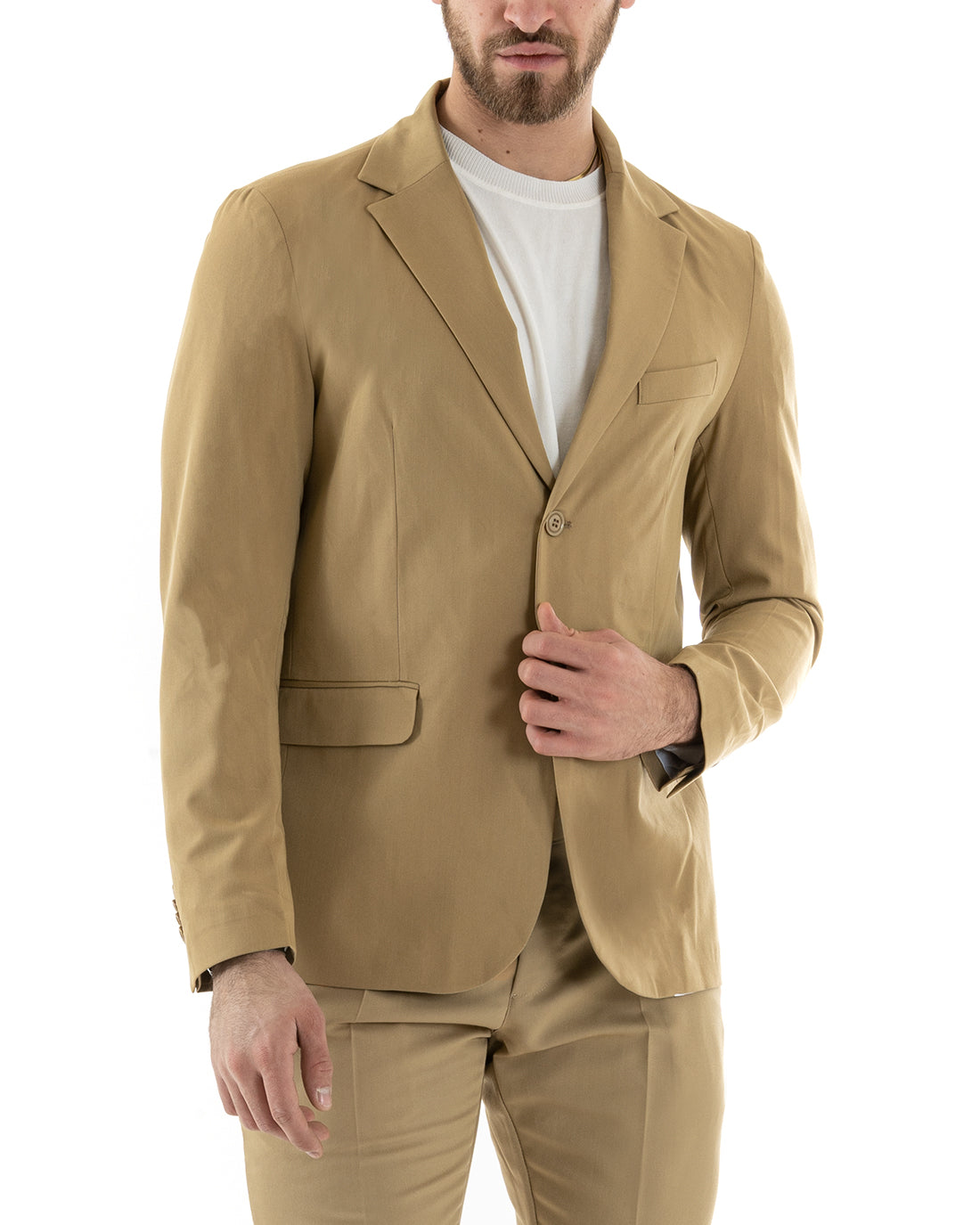 Abito Uomo Monopetto Completo Viscosa Sartoriale Giacca Pantaloni Camel Elegante Casual GIOSAL-OU2241A