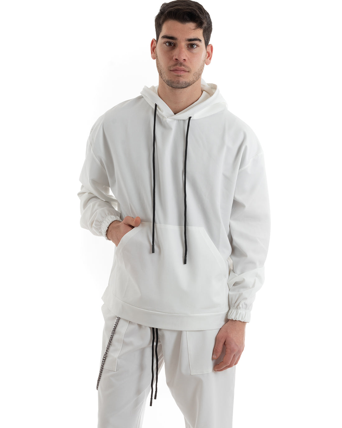 Completo Tuta Uomo Bianco Viscosa Relaxed Fit Felpa Con Cappuccio Pantaloni GIOSAL-OU2249A