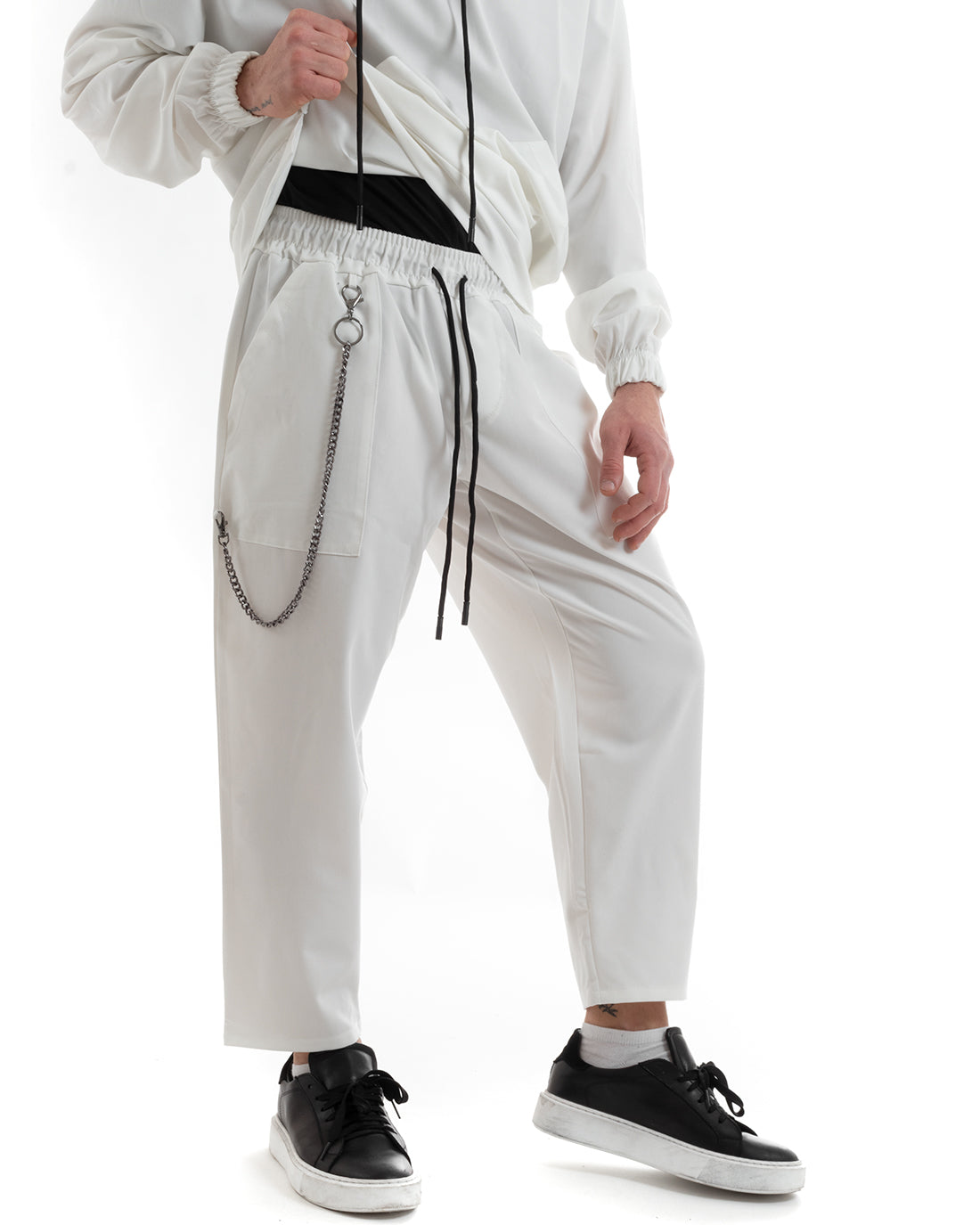 Completo Tuta Uomo Bianco Viscosa Relaxed Fit Felpa Con Cappuccio Pantaloni GIOSAL-OU2249A