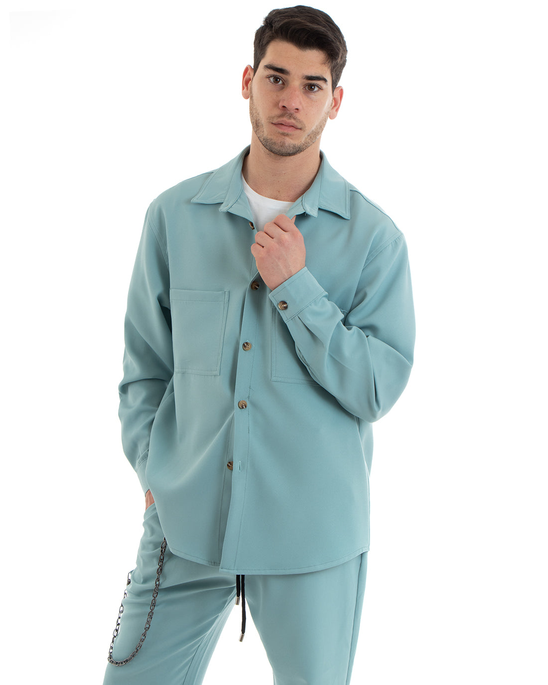 Completo Set Coordinato Uomo Viscosa Camicia Con Colletto Pantaloni Outfit Verde Acqua GIOSAL-OU2253A