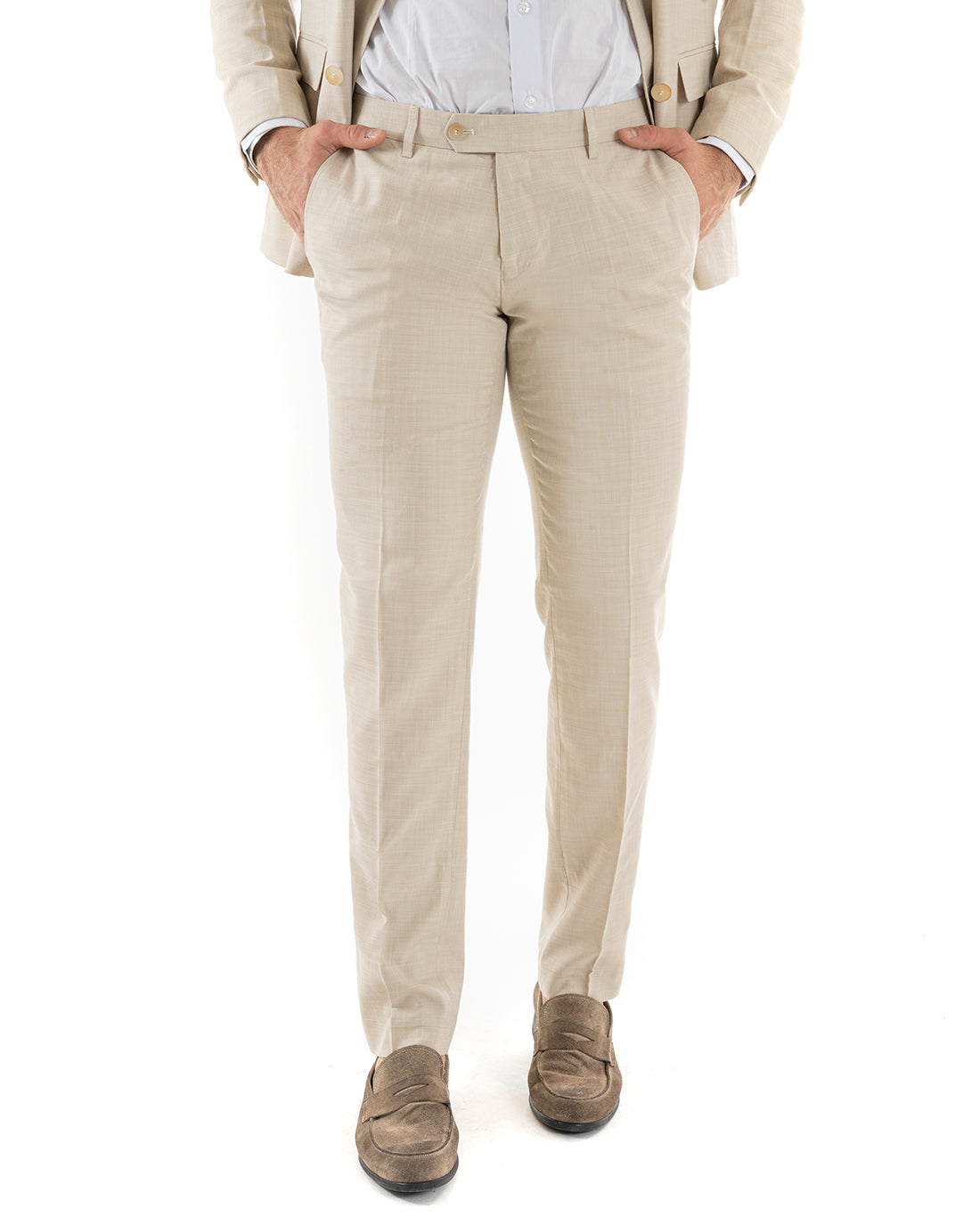 Abito Uomo Doppiopetto Vestito Viscosa Completo Giacca Pantaloni Beige Melangiato OU2258A