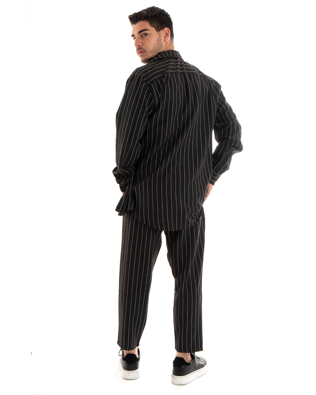 Completo Set Coordinato Uomo Viscosa Camicia Con Colletto Pantaloni Outfit Rigato Gessato Nero GIOSAL-OU2267A