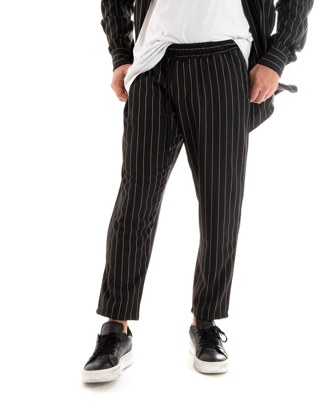 Completo Set Coordinato Uomo Viscosa Camicia Con Colletto Pantaloni Outfit Rigato Gessato Nero GIOSAL-OU2267A