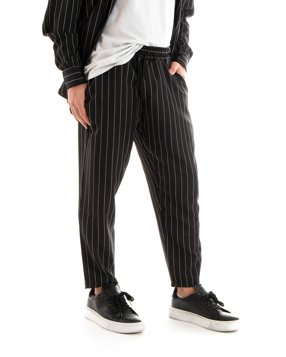 Completo Set Coordinato Uomo Viscosa Camicia Con Colletto Pantaloni Outfit Rigato Gessato Nero GIOSAL-OU2267A