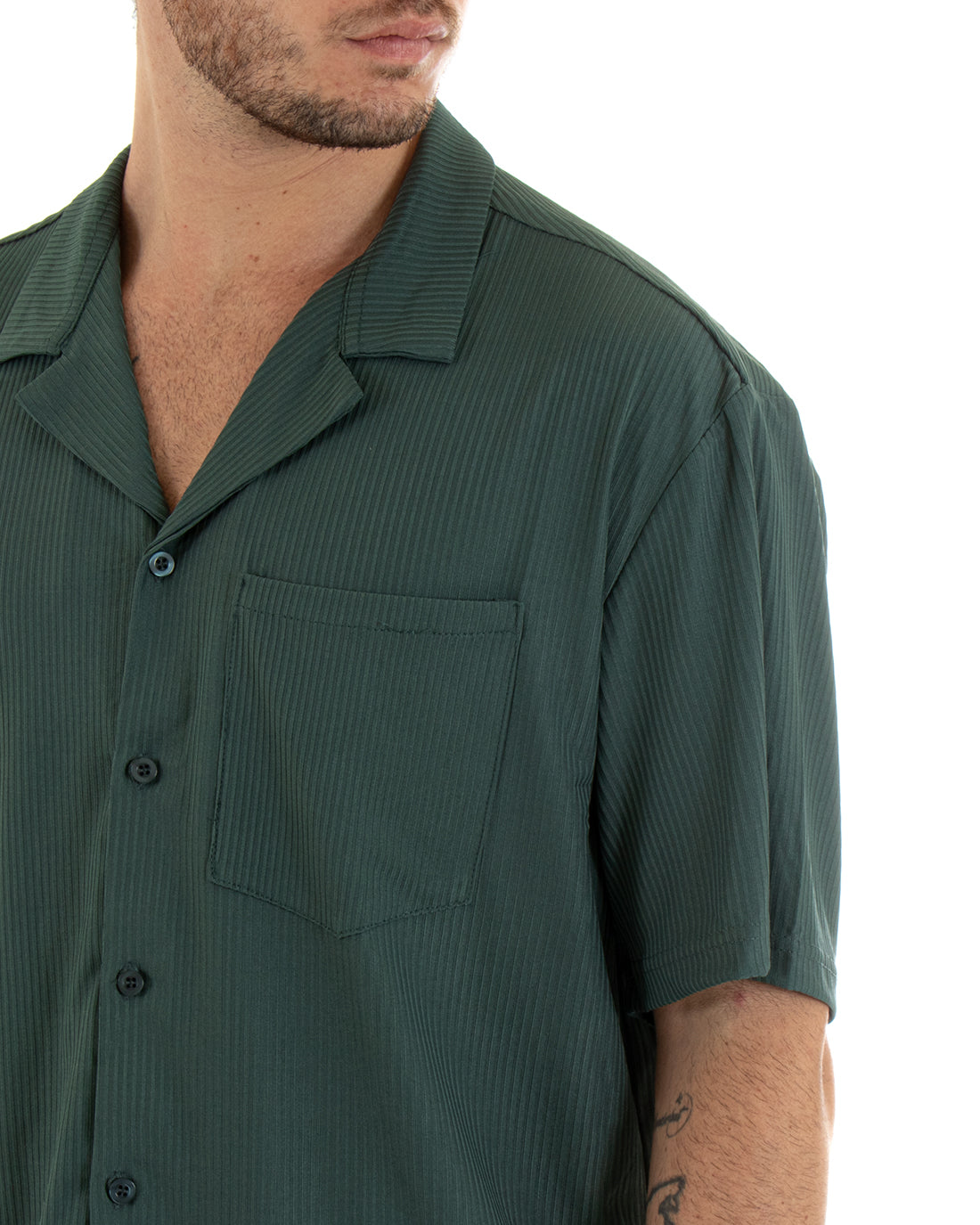 Completo Set Coordinato Uomo Viscosa Plissé Camicia Con Colletto Bermuda Outfit Verde GIOSAL-OU2282A